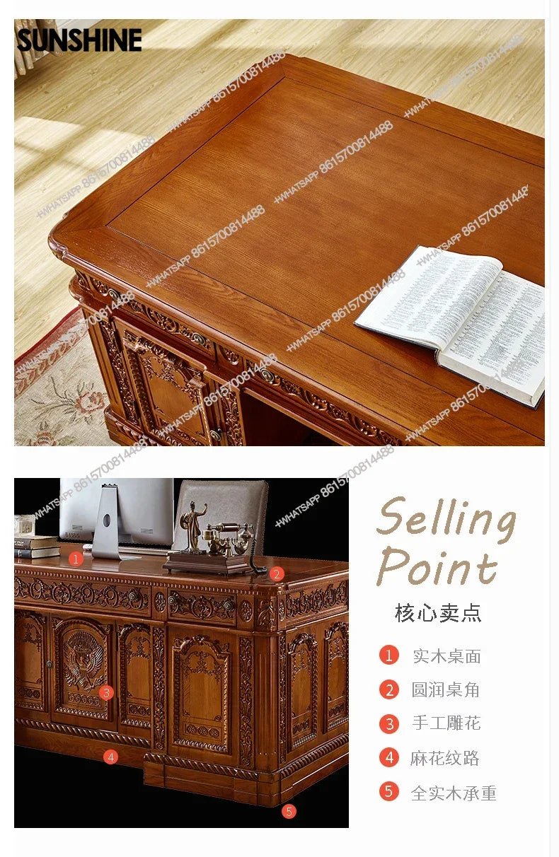 Luxury American Style Solid Wood White Wax Large Desk European President Office Boss Desk