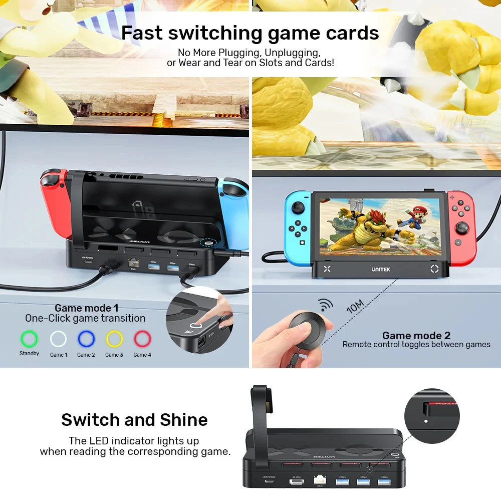 G1002G Switch Docking Station with 4K HDMI Gigabit Ethernet USB HUB PD100W Charging 4-in-1 Game Card Reader for Nintendo Switch