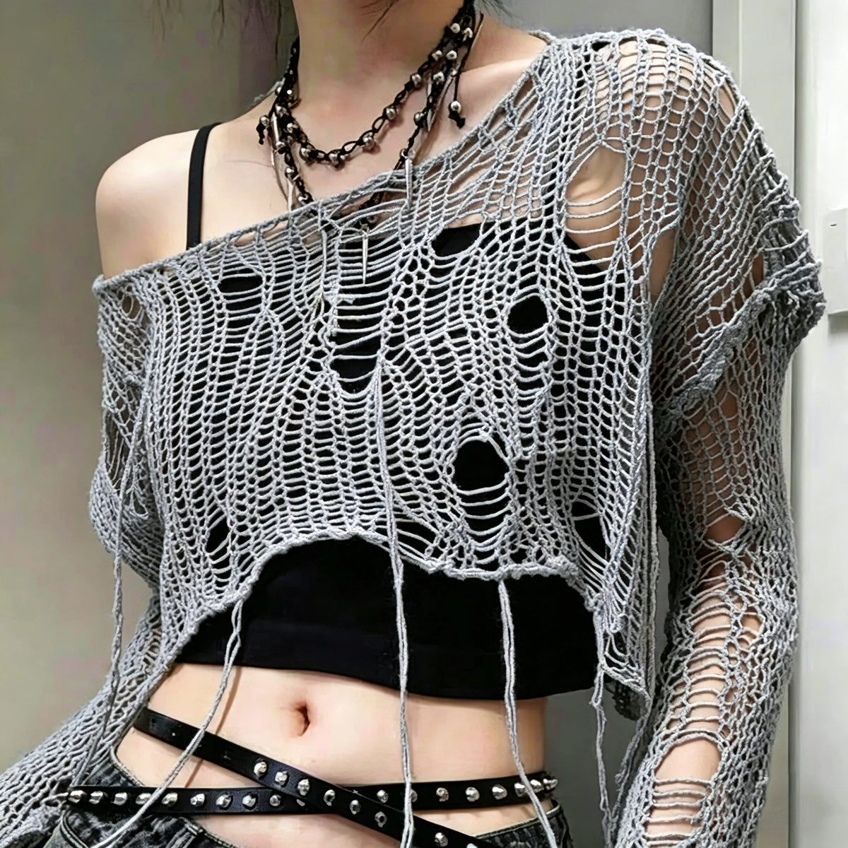 Solid Slash Neck Grunge Knitted Women's Sweater Hole Ripped Pullover Crop Top Harajuku Hollow Out Sexy Summer Jumpers All Match