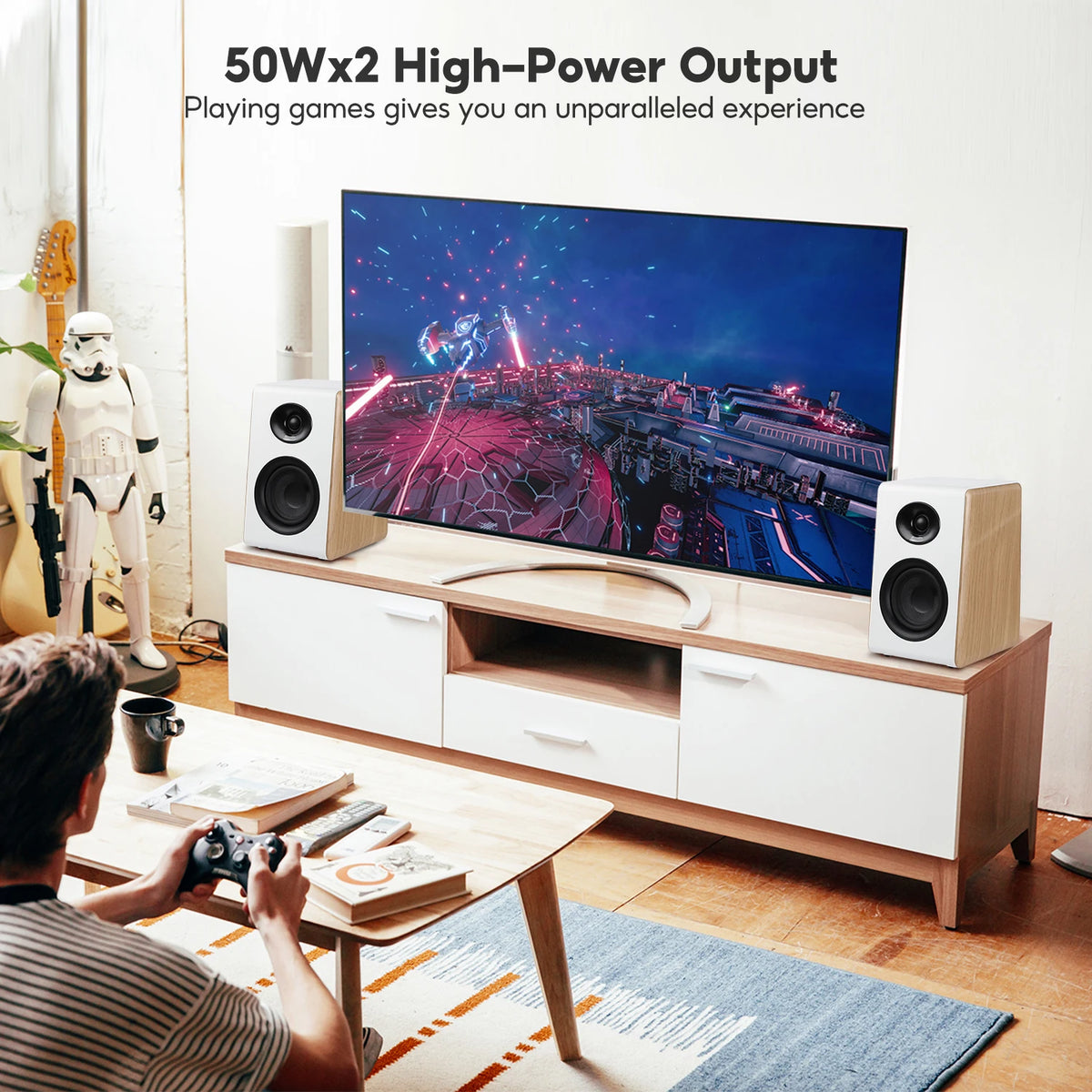 AIYIMA S600 Bluetooth Bookshelf Speaker Active Home Audio 40WX2 HiFi Output Subwoofer White Wood ARC/USB/RCA Inputs 24bit 48Khz
