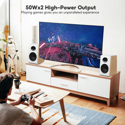 AIYIMA S600 Bluetooth Bookshelf Speaker Active Home Audio 40WX2 HiFi Output Subwoofer White Wood ARC/USB/RCA Inputs 24bit 48Khz