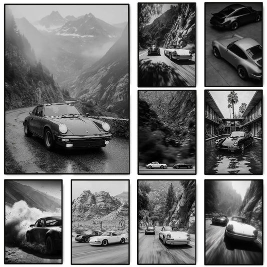 Vintage Black and White Automotive Poster Famous Brand Sports Car Racing Photography Canvas Painting Wall Art Room Home Decor