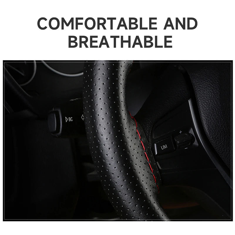 SEAMETAL 100% Genuine Leather Steering Wheel Cover Breathable Wear-Resistant Braid Car Steer Wheel Cover Universal for 37-39cm