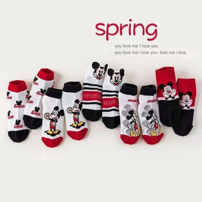5 Pairs of Girls' Striped Color Block Cartoon Printed Knitted Short Socks Korean Style Breathable Mesh Invisible Ankle Socks