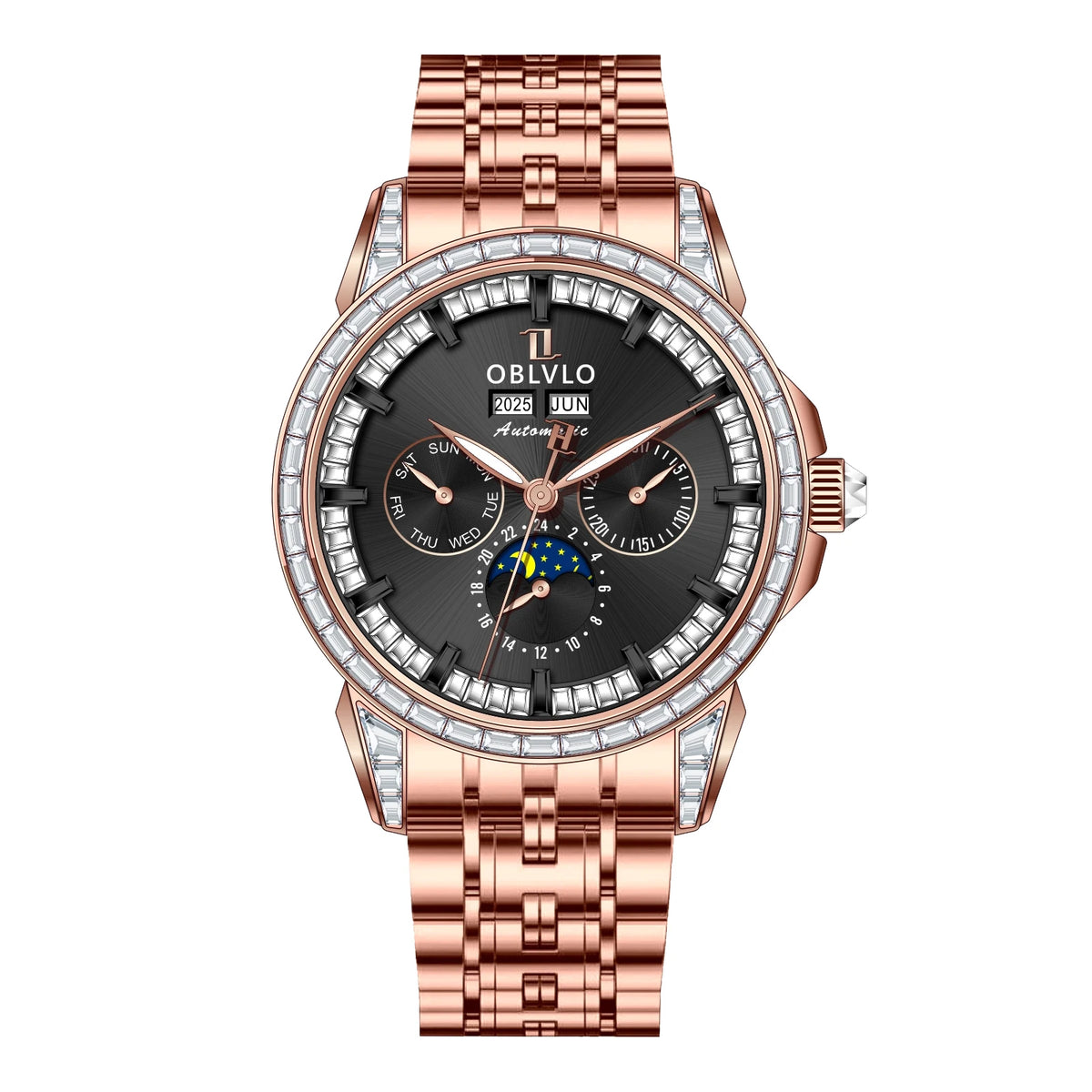OBLVLO Men's Multifunctional Mechanical Watch with Colorful Zircon Moonphase Elegant Rose Gold Bracelet Band GCM-MUT
