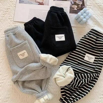 Autumn Winter Boys' and Girls' Sports Plush Pants New Korean Edition Striped Children's Pant Boys Pants Girls Winter Clothes