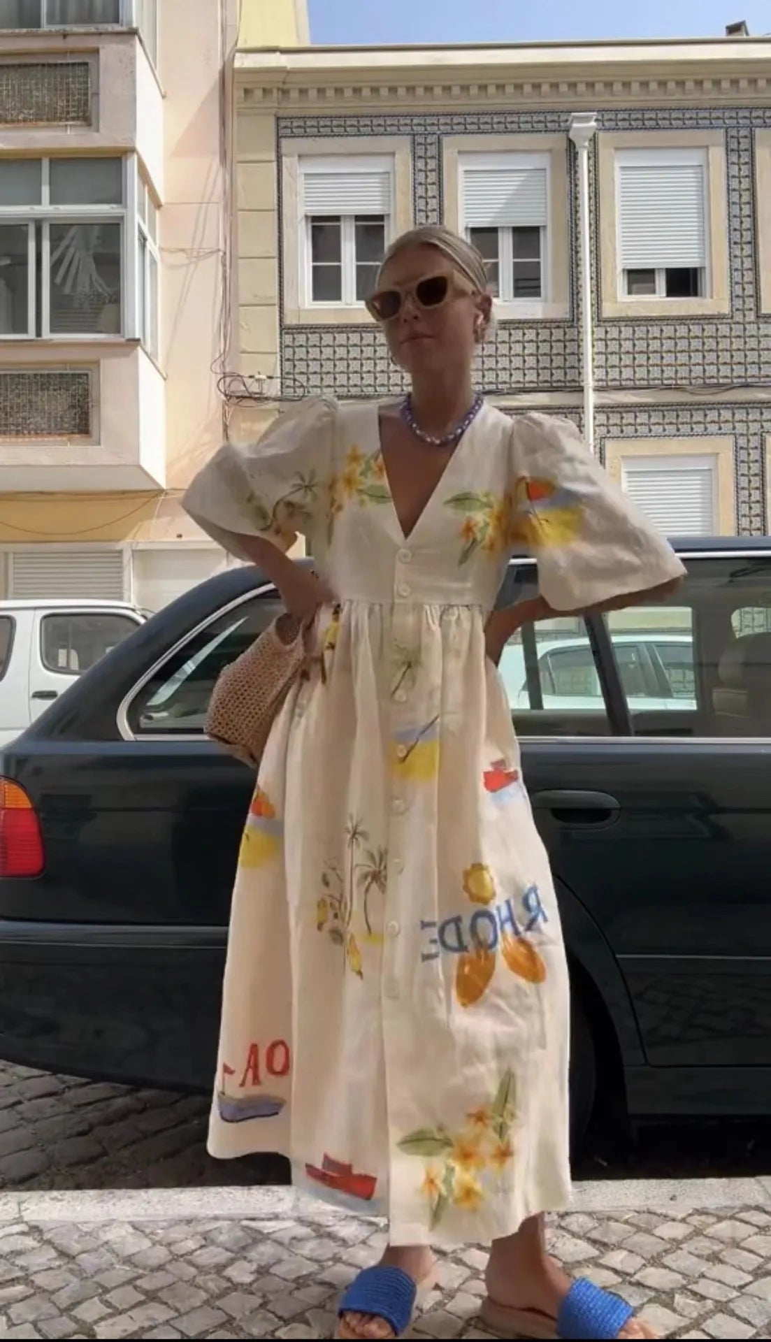 Elegant Printed Dress Women V Neck Puff Sleeve Loose Midi Female Dresses 2024 Summer Holidays Casual Lady Beach A-Line Vestidos