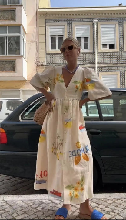 Elegant Printed Dress Women V Neck Puff Sleeve Loose Midi Female Dresses 2024 Summer Holidays Casual Lady Beach A-Line Vestidos