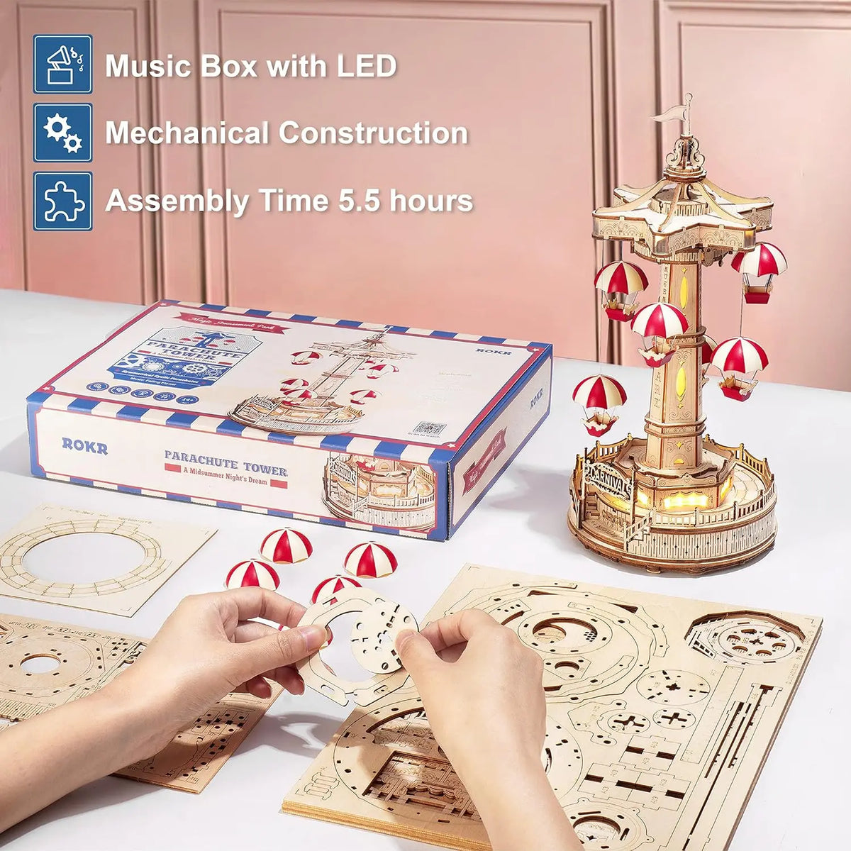 Robotime Magic Amusement Park Wooden Toys DIY Music Box Moveable 3D Wooden Puzzle for Kids Gifts for Christmas EA