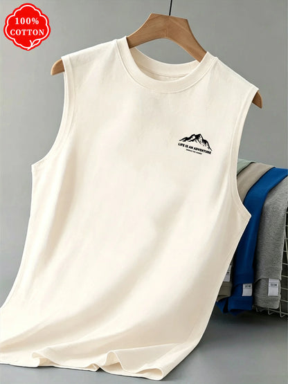 100% cotton men's summer sleeveless top Minimal Mountain Graphic Sleeveless Tee Soft Cotton Daily Wear Streetwear Tank Vest-T76