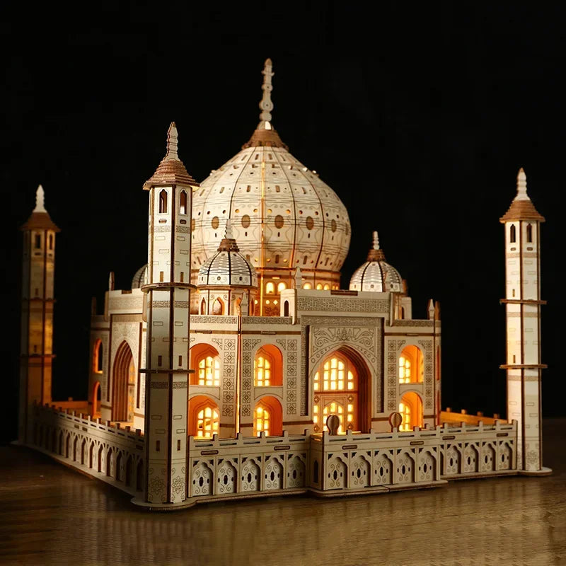 3D Wooden Puzzle House Royal Castle Taj Mahal With Light Assembly Toy For Kids Adult DIY Model Kits Desk Decoration for Gifts