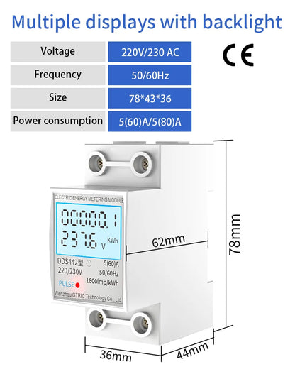 GTRIC Energy Meter 2P Single Phase Voltage Current Power Consumption Meter Wattmeter LCD Digital Display DIN Rail 230VAC 80A