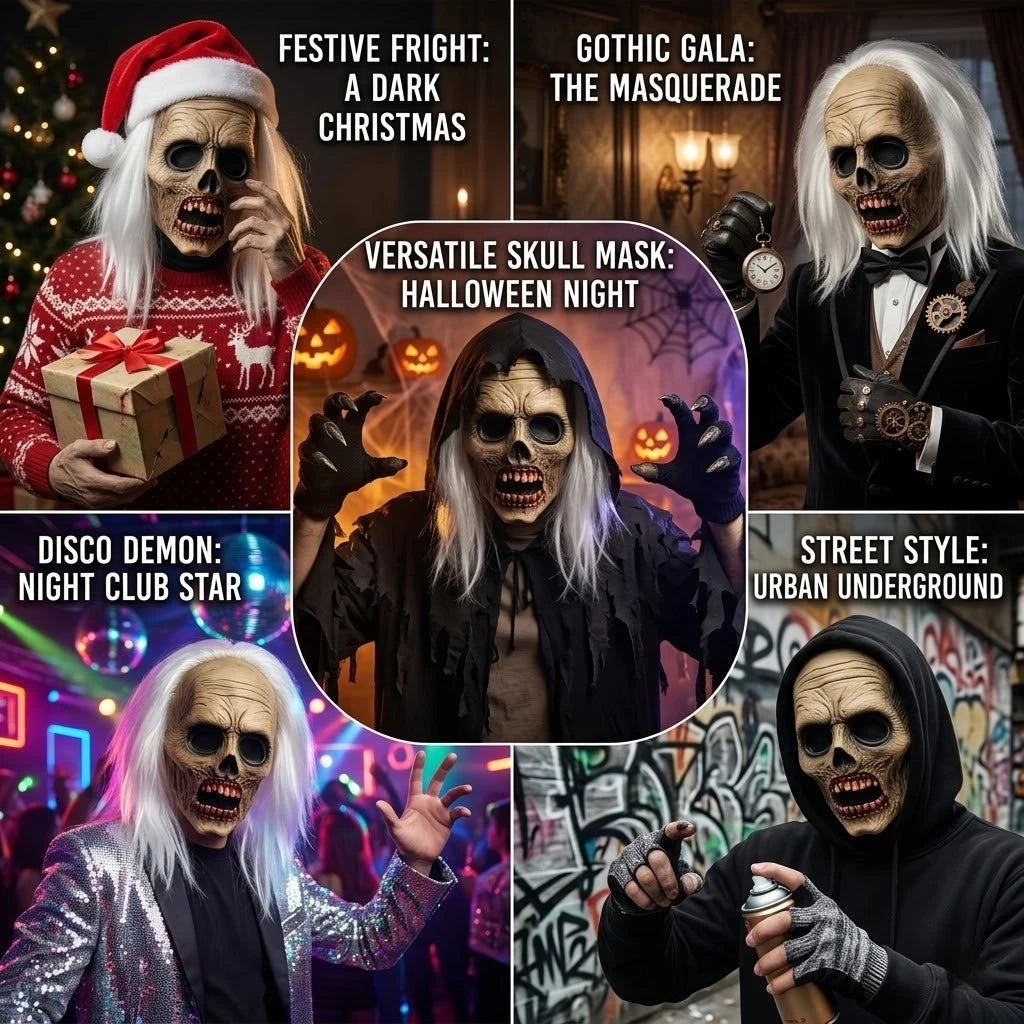Professional Haunted House White Hair Zombie Skull Mask Head Latex Scary Undead Costume Cosplay Accessory Halloween Carnival