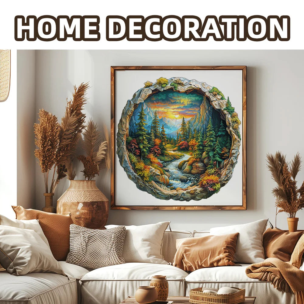 3D Wooden Circular Puzzle - Green Forest Sunset Scene, Family Game Activities, Wooden Home Decoration Gifts