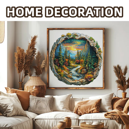 3D Wooden Circular Puzzle - Green Forest Sunset Scene, Family Game Activities, Wooden Home Decoration Gifts