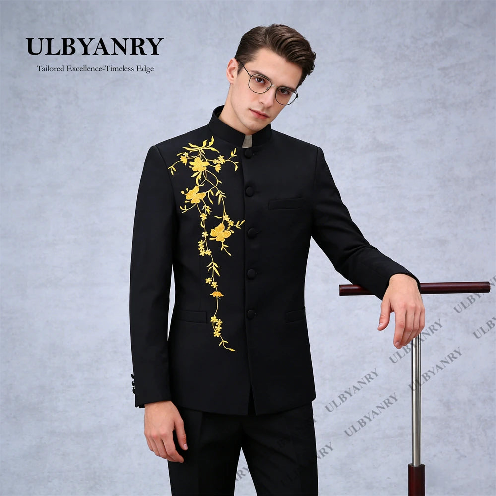 ULBYANRY Traditional Suit Set for Men, Stand Collar Single Row Suit, Wedding Groom Suits Men's Slim Fitting Tuxedo Jacket Pants