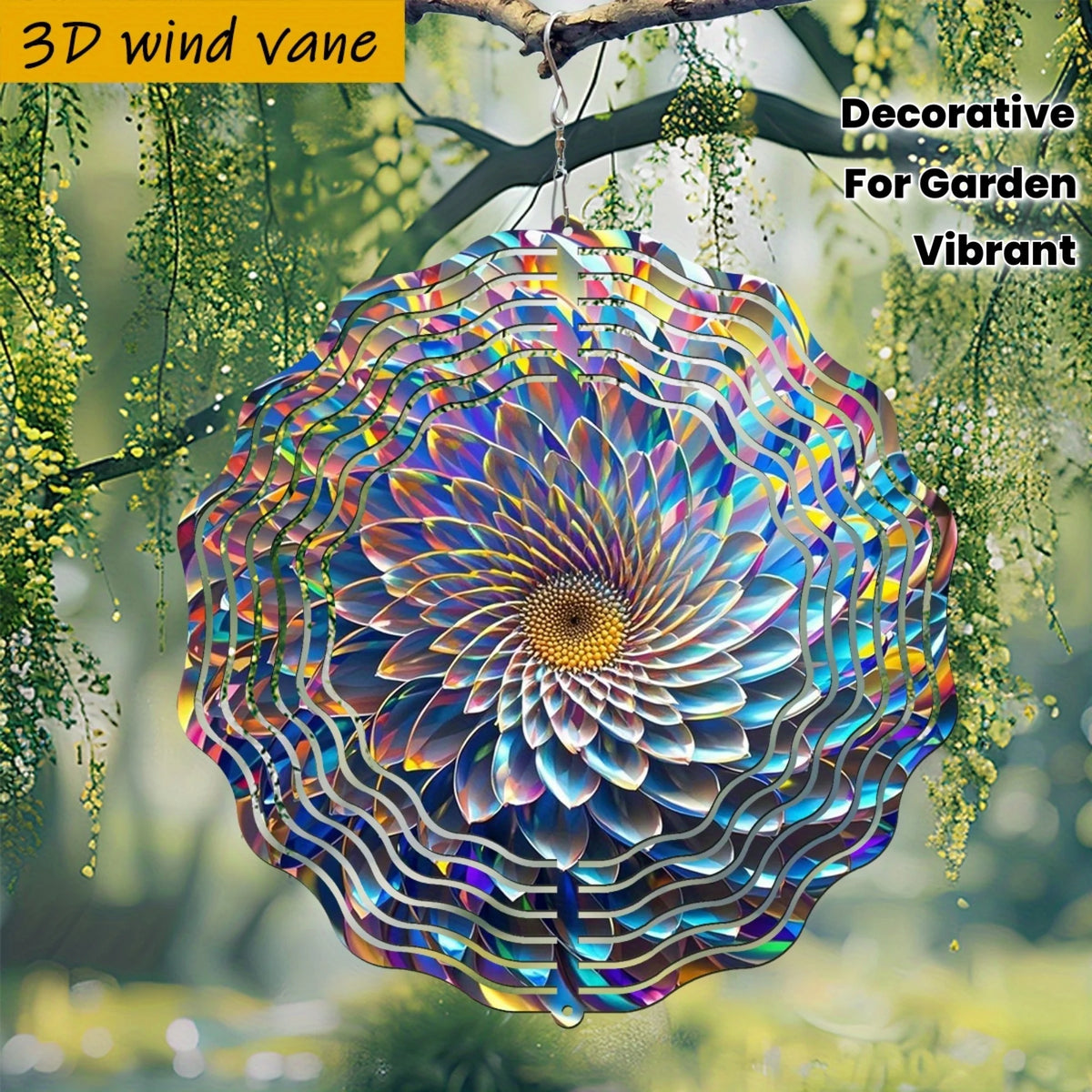 Flower Wind Vane with 360° Rotating Hook - Round Iron Metal Wind Spinner, Vibrant Multicolor Petals & Iridescent Rainbow Colors