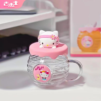 For Sanrio Kawaii Glass Cups Honey jar shape Water Cups Cartoon Kuromi& Hello Kitty& Cinnamoroll Anime Juice Milk Mug Kids Gift