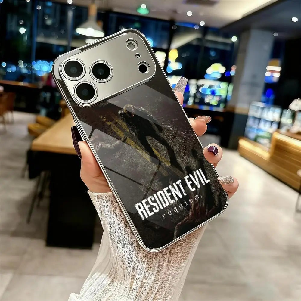 R-Resident Evil 9 Phone Case For IPhone 17 16 15 14 13 12 Pro Max Plus Electroplated Metal Bumper Case Tempered Glass Back
