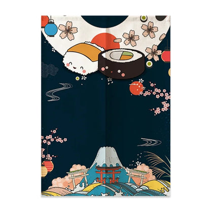 VIKAMA Japanese Linen Door Curtain Noren Half Curtain for Kitchen Bedroom Entrance Décor Customizable Mount Fuji Waves Partition