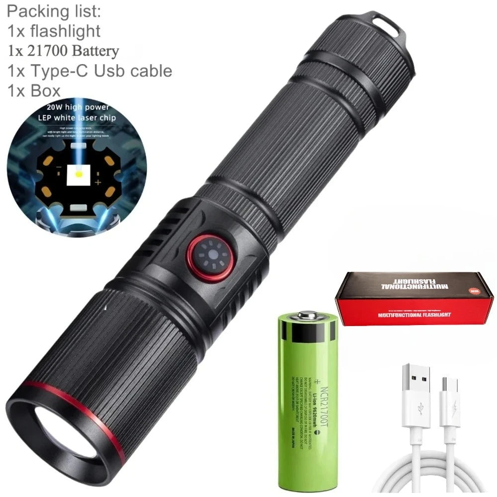 Portable Powerful White Laser LED Flashlight Tactical Zoom Torch USB Rechargeable 18650 Battery Camping Fishing Lantern