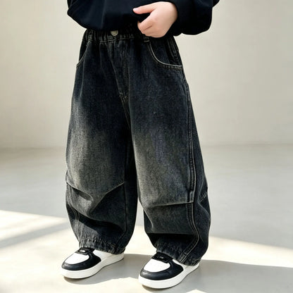 RAISE 2026 Autumn Kids Boys Jeans 2-10Yrs Boys Solid Loose Straight Pants Loose Elastic Waist Children Boys Spliced Denim Pants