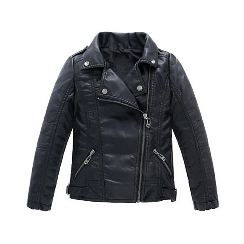3-12 Years Old Girls Faux Leather Jacket Children PU Coat Long Sleeve Zip Belt Locomotive Jacket Stylish Teen Kids Boys Jackets