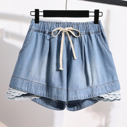 3XL Oversize Denim Wide Leg Shorts Women Summer 100%Cotton Shorts Splice Lace Elastic Waist Cute Soft Girl Frilly Jeans Shorts