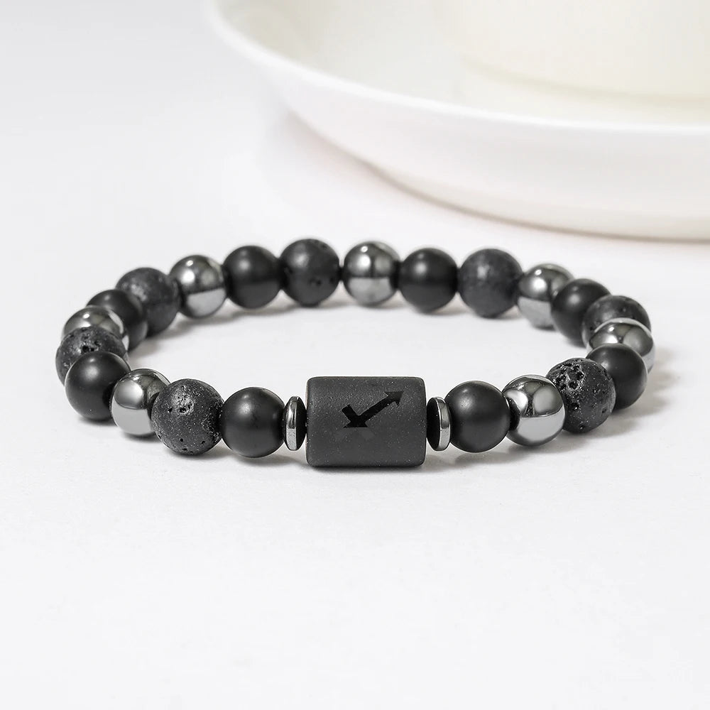 New Arrival 12 Zodiac Energy Bracelet Natural Volcanic Stone Black Retro Handmade Couple Beaded Jewelry