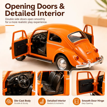 MQUDUO 1:36 Orange Classic Beetle Style Diecast Car Model, Pull Back Vehicle with Openable Doors and Detailed Interior for Decor