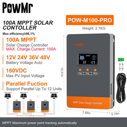 PowMr 100A MPPT Solar Charge Controller Intelligent Regulator for 12V 24V 36V 48V Solar Battery Max 160V Panel Can Parallel 12pc