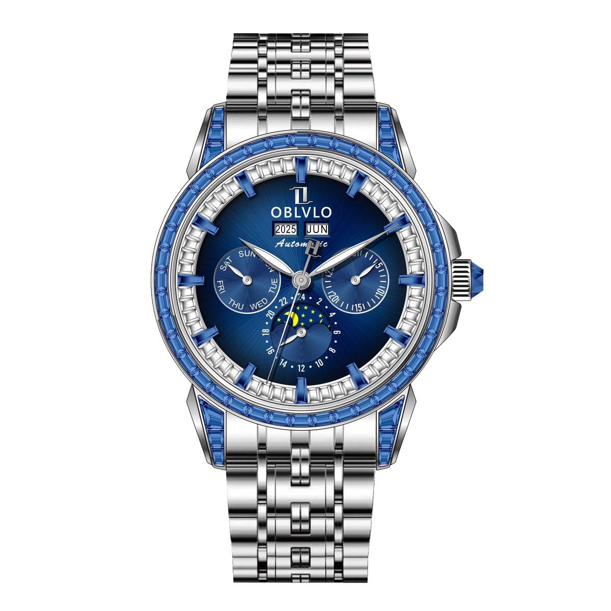OBLVLO Men's Fashion Automatic Watch Colorful Zircon Moonphase Mechanical Multifunctional Black Leather Strap Timepiece GCM-MUT