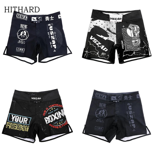 VSZAP MMA Shorts for Men Fight Grappling Shorts Mens BJJ Shorts for Men No Gi Mid Thigh Muay Thai Boxing Kickboxing Pants Black