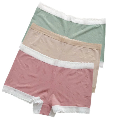 3Pcs/Set Ice Silk Boyshort Women Low Waist Panties Female Underpants Solid Color Lace Underwear Sexy Lingerie M-XL Boyshorts