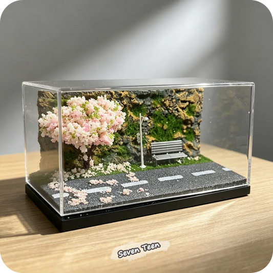 1:64 Cherry Blossom Road Car Model Scene Acrylic Display Box Miniature Ornament Model Photography Collect Hobby Boy Gift