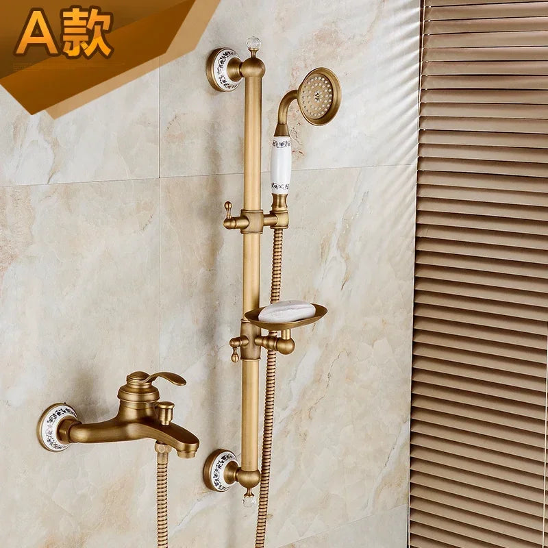 Brass Luxury Bathroom Shower Antique Bronze Finished Wall Mounted Lifting Bathroom Shower Mixer Set Portable Shower