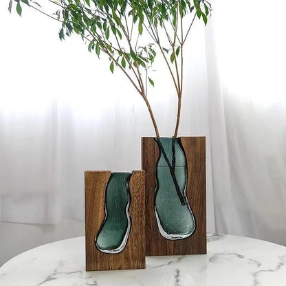 Solid Wood Transparent Glass Vase for Home Decor Crystal Flower Vase Modern Centerpiece for Living Room/Hotel Lobby Decoration