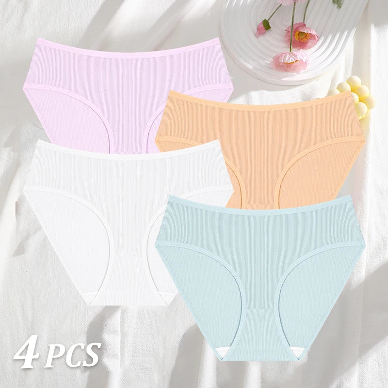 4PCS/SET Striped Ribbed Panties Set Women Mid Waist Breathable High Elastic Comfortable Sports Briefs Solid Color Daily Lingerie