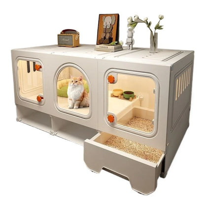 Large Cat House Transparent Drawer Cat Houses Habitats Partition Pet Cats Kitten Cage with Storage Room Kittens Enclosure Cages
