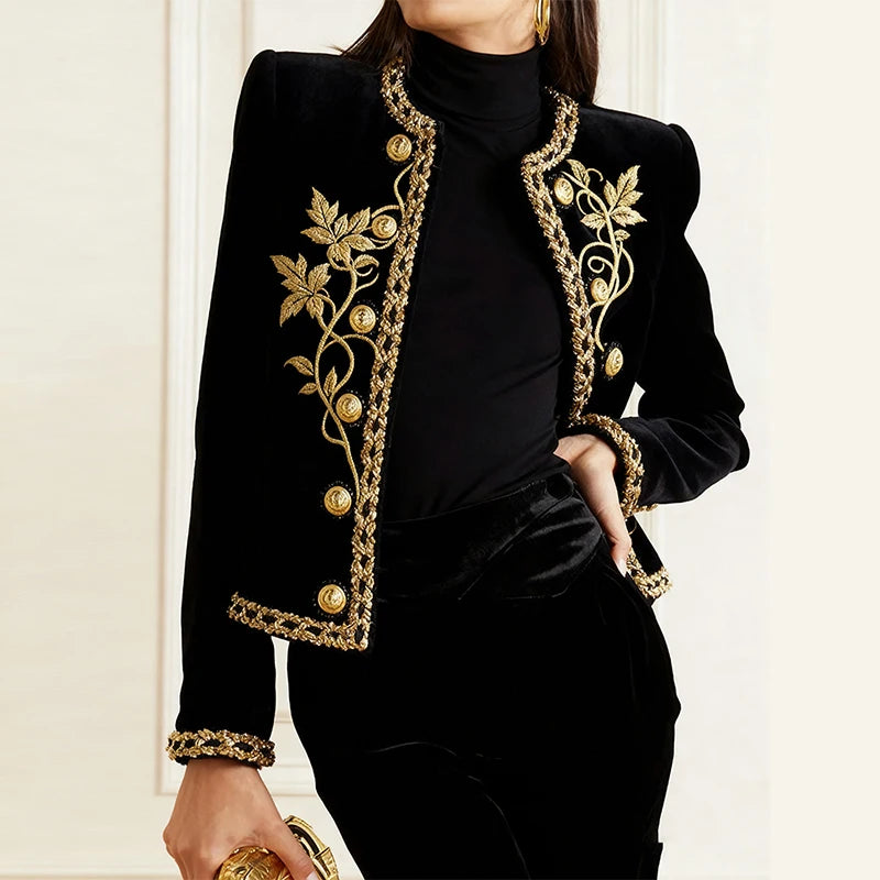 Modigirl Woman Fall Winter Gold Embroidered Jackets 2026 New Velvet Long Sleeve Round Neck Button Christmas Holiday Ladies Coat