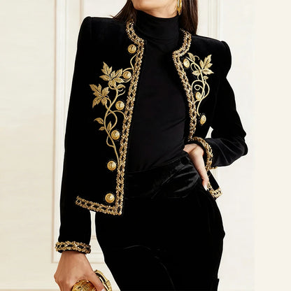 Modigirl Woman Fall Winter Gold Embroidered Jackets 2026 New Velvet Long Sleeve Round Neck Button Christmas Holiday Ladies Coat