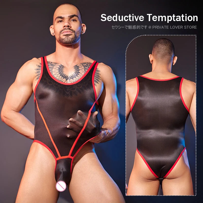Hot Sexy Oil Glossy Shiny Penis Sheath Bodysuit Men One Pieces Thong Gays Tights Exotic Lingerie Leotard Sissy Sex Porno Clothes