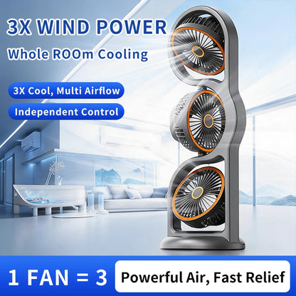 Portable USB Rechargeable 3-Head Desktop Fan, 360° Rotation Circulating Fan 5 Speed Wind for Dormitory Outdoor