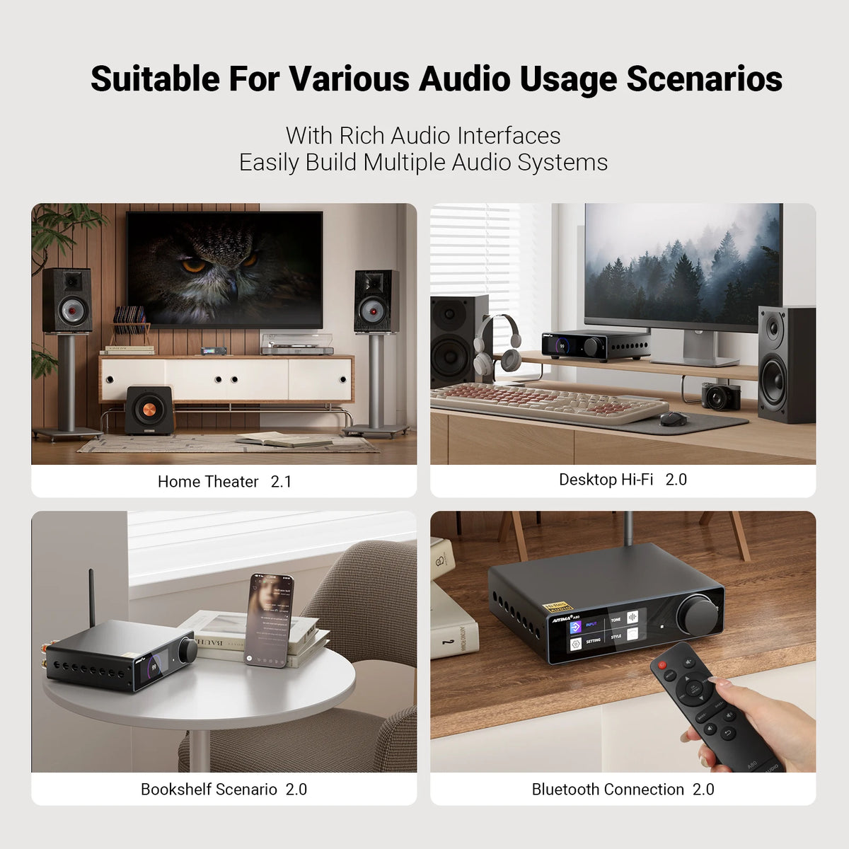 AIYIMA A80 Upgraded TPA3255 DAC Bluetooth PFFB Stereo Power Amplifier 300Wx2 Class D HiRes Digital Amp RCA TRS OPT COA USB Input