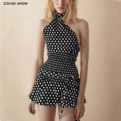 Sexy Black White Polka Dot Halter Tank Top + Tie Bow Sashes Elastic Waist Ruched Ball Gown BUD Mini Skirt 2 Pieces 1 Set