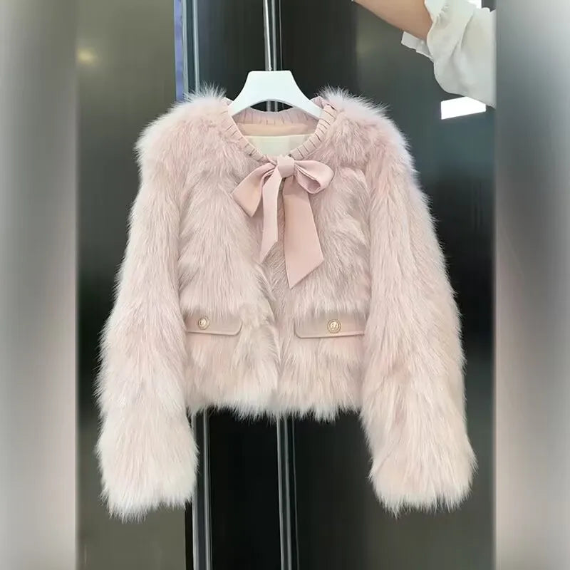 Winter Pink Eco-Friendly Fox Hair Women's Short Fringed Edge Design Age-Reducing Jacket Furry Top Faux Fur jacket For Lady