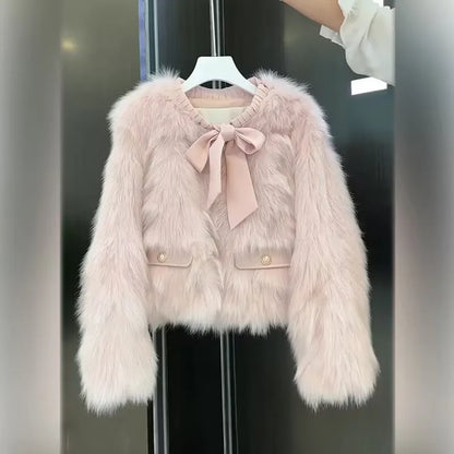 Winter Pink Eco-Friendly Fox Hair Women's Short Fringed Edge Design Age-Reducing Jacket Furry Top Faux Fur jacket For Lady