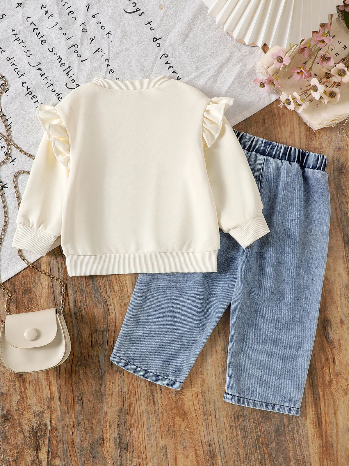 2pcs Autumn and Winter New Sweet, Comfortable and Fashionable Girl 1-3 Years Old Apricot Long-Sleeved Sweater + Denim Pants