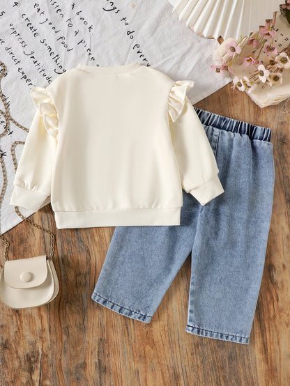 2pcs Autumn and Winter New Sweet, Comfortable and Fashionable Girl 1-3 Years Old Apricot Long-Sleeved Sweater + Denim Pants
