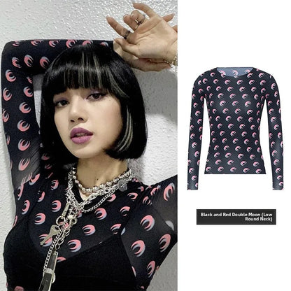 Ice Silk Two Piece Set Womens Sun Protection Clothes Long Sleeve Moon Print Top and Pants American Retro Sexy Autumn New